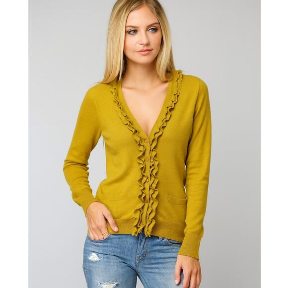 J. Crew Wool Blend Ruffled Cardigan Sweater Mustard Yellow 29003 Size L - Picture 1 of 11